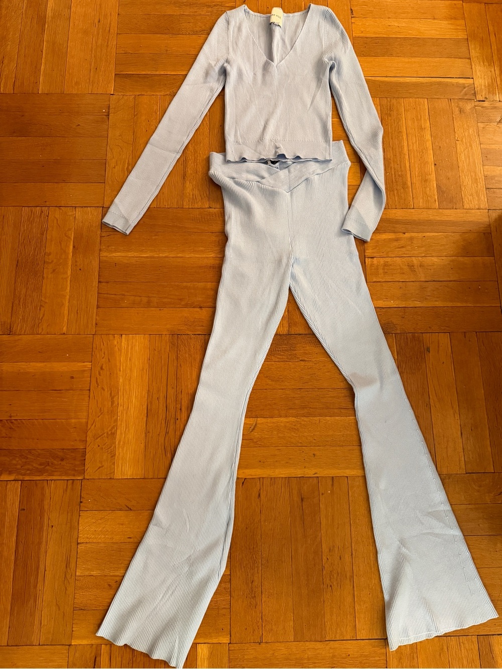 Women’s Light Blue Ribbed V-Neck Top & Flared Pants Set